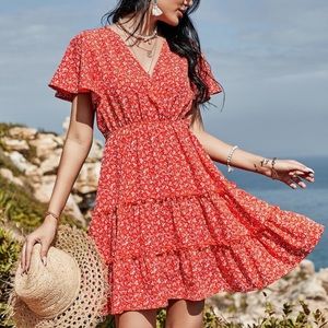 red floral dress